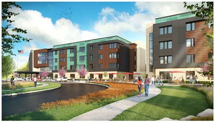 depicts two modern, multi-story buildings with a mix of brown and teal panels, surrounded by green landscaping, walking paths, and a circular driveway